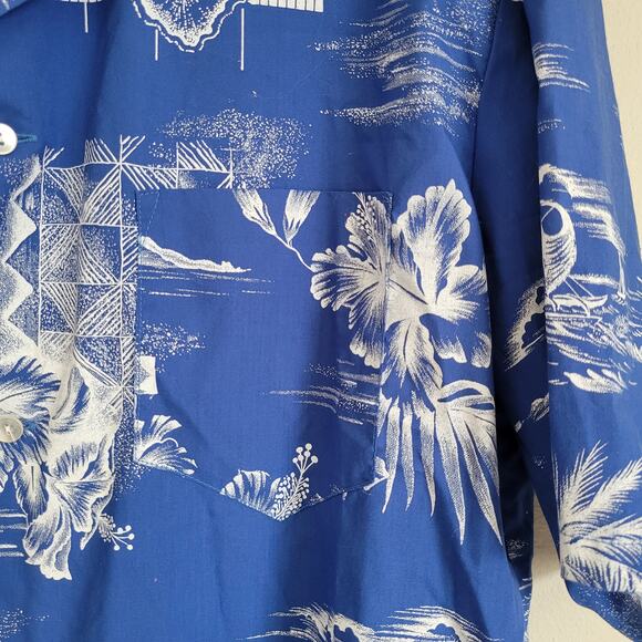 Vintage Aikane Hawaii Retro Blue Palm Tree Tropical Print Button Down Shirt XL - Picture 4 of 8